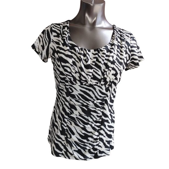 Alfani Zebra Print Swoop Neck 1/4 Sleeve Ruched Bust Top Size S - Picture 1 of 3
